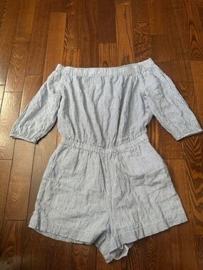 MICHAEL Michael Kors Light Blue & White Striped Off-Shoulder Romper